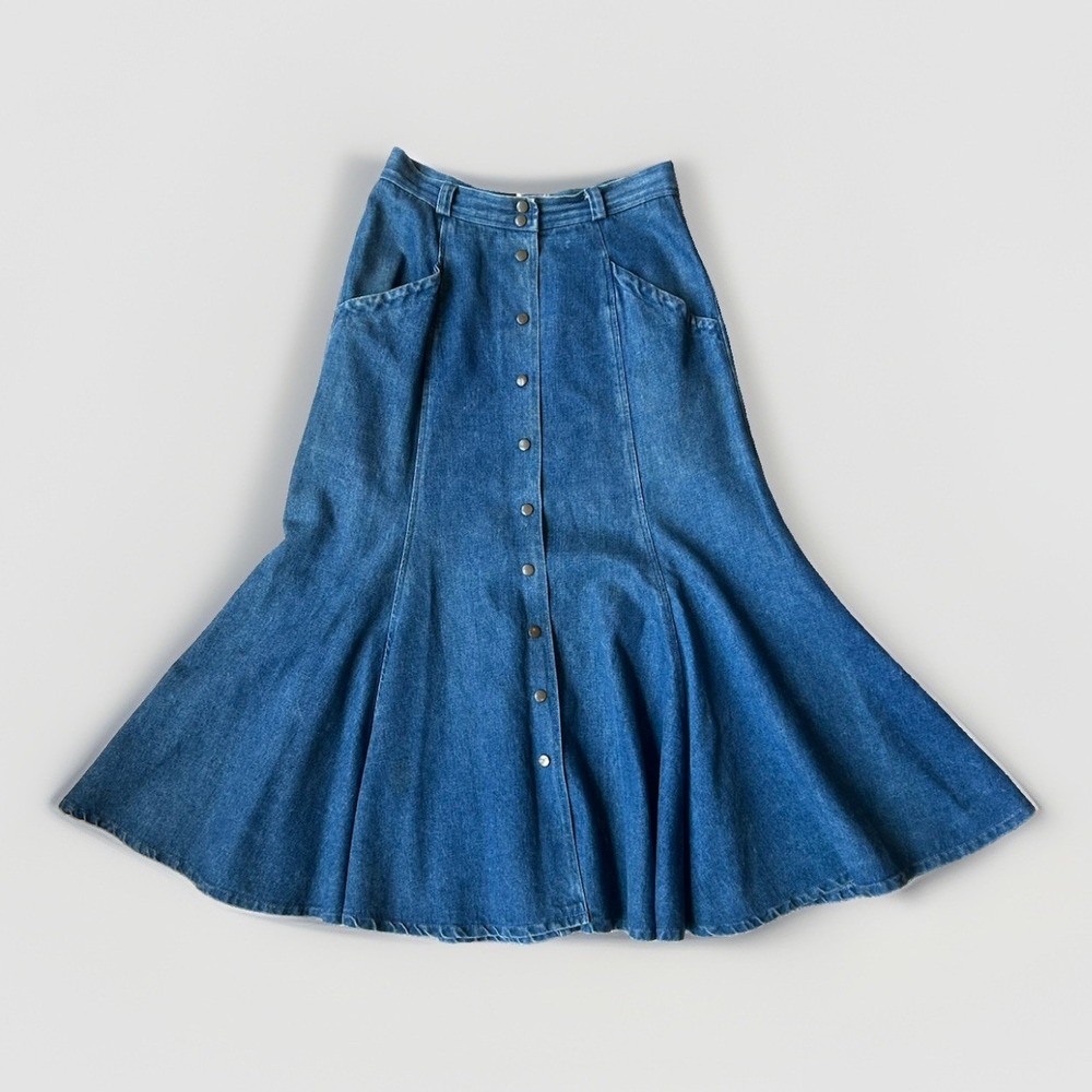 Vintage 80s 90s Westbound Denim Snap Maxi Skirt 10 A Line Flared Western Boho - Picture 2 of 11